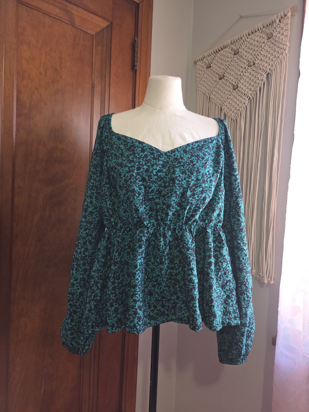 Ava & Viv Teal and Black Floral Peasant Top
